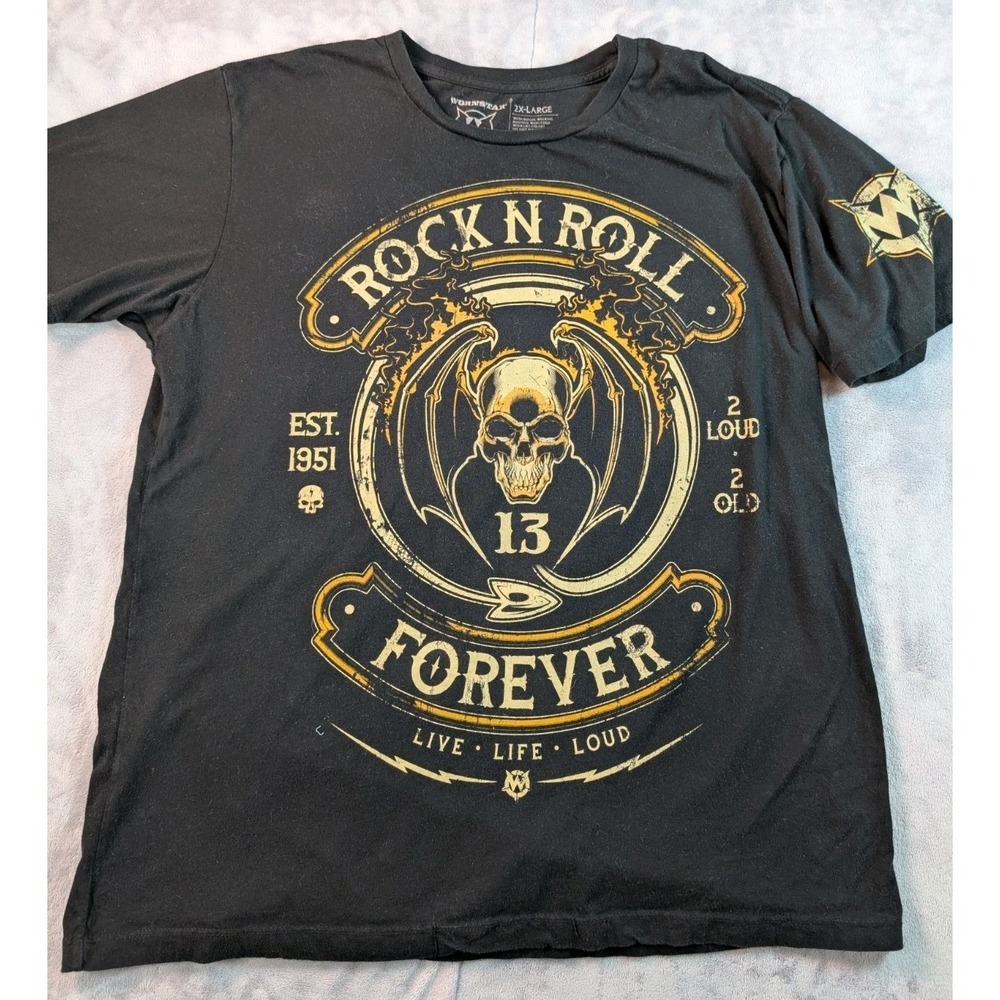 Wornstar Bat Wing Skull Graphic T-Shirt Black Rock N Roll Heavy Metal Men's 2XL